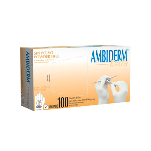 10514. GUANTES DE LATEX NATURAL SIN POLVO EXTRA, TEXTURIZADO CHICA PAQUETE C/100 PIEZAS - AMBIDERM