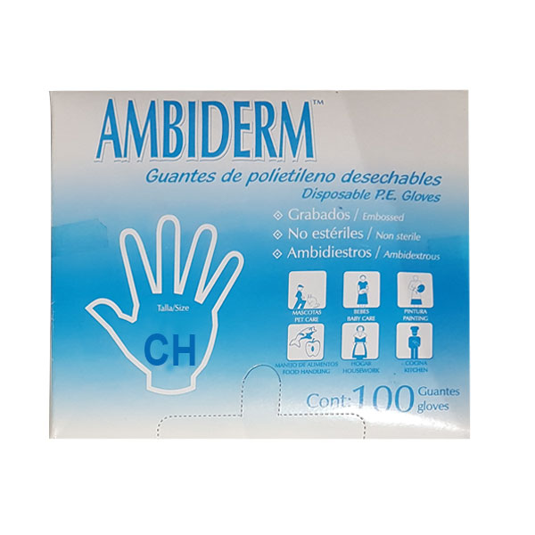 3080. GUANTES DE POLIETILENO TRANSPARENTE MULTIUSOS SIN POLVO TALLA G CAJA C/5 PAQUETES C/100 PIEZAS - AMBIDERM