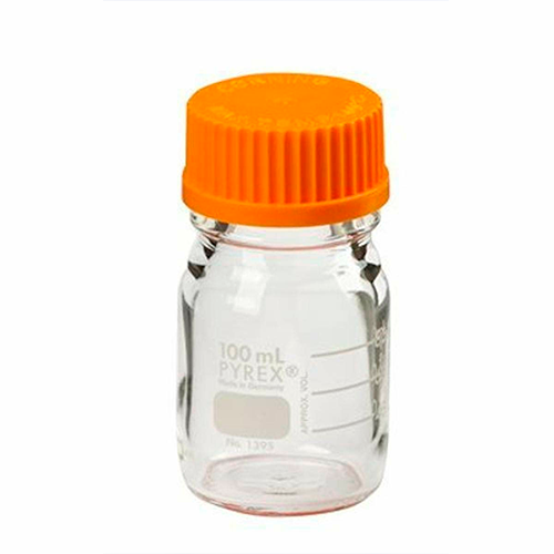 6080. FRASCO VIDRIO CLARO 100ML P/MEDIO DE CULTIVO GRADUADO C/TAPA DE ROSCA NARANJA PAQUETE C/2 PIEZAS PYREX