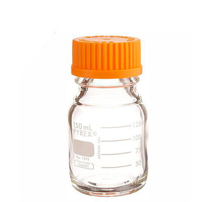 2242. FRASCO VIDRIO CLARO 150ML P/MEDIO DE CULTIVO GRADUADO C/TAPON DE ROSCA NARANJA PAQUETE C/2 PIEZAS PYREX