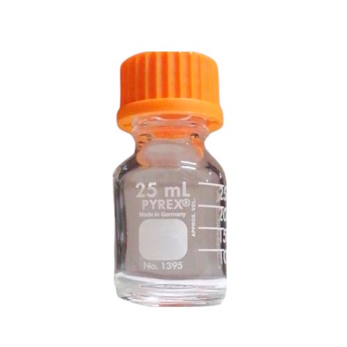 10719. FRASCO VIDRIO CLARO 25ML P/MEDIO DE CULTIVO GRADUADO C/TAPON DE ROSCA NARANJA PAQUETE C/2 PIEZAS PYREX