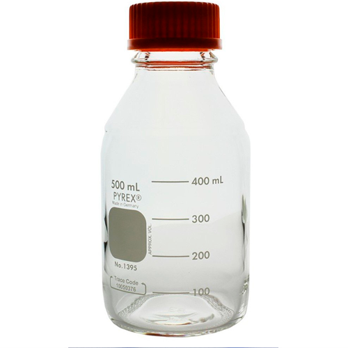 6084. FRASCO VIDRIO CLARO 500ML P/MEDIO DE CULTIVO GRADUADO C/TAPON DE ROSCA NARANJA - PYREX