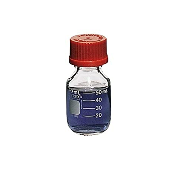 2772. FRASCO VIDRIO CLARO 50ML P/MEDIO DE CULTIVO GRADUADO C/TAPON DE ROSCA PAQUETE C/2 PIEZAS - PYREX