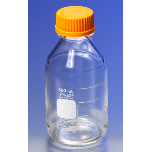 6089. FRASCO VIDRIO CLARO 5LT P/MEDIO DE CULTIVO GRADUADO C/TAPON DE ROSCA NARANJA - PYREX