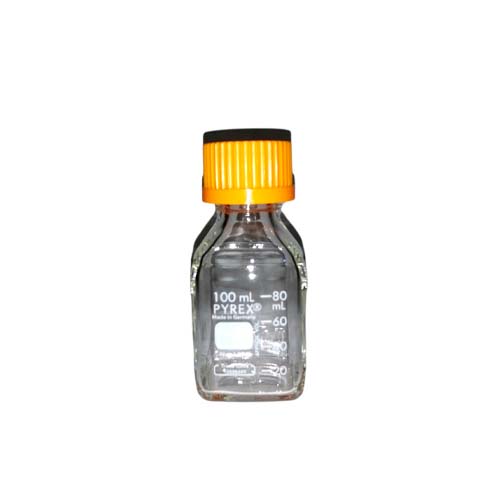 15049. FRASCO VIDRIO CLARO 100ML P/MEDIO DE CULTIVO GRADUADO CUADRADO C/TAPON DE ROSCA NARANJA - PYREX