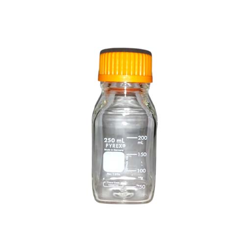 15060. FRASCO VIDRIO CLARO 250ML P/MEDIO DE CULTIVO GRADUADO CUADRADO C/TAPON DE ROSCA NARANJA - PYREX