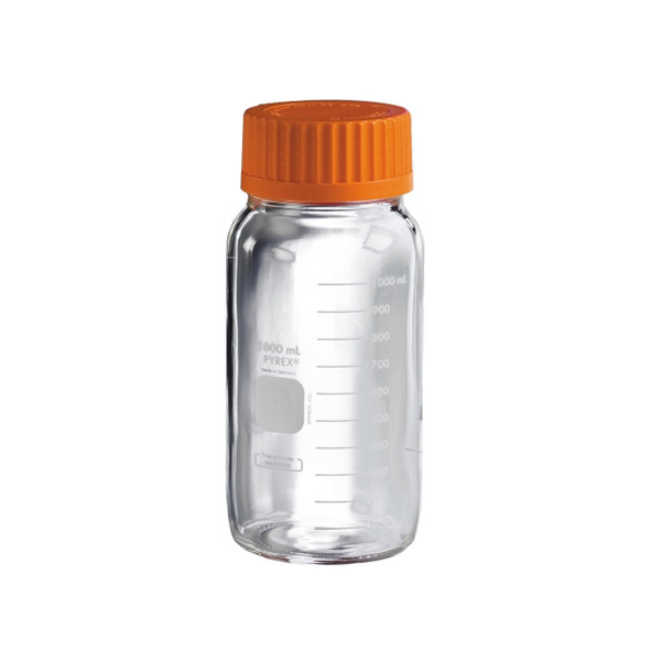 2768. FRASCO VIDRIO CLARO 500ML P/MEDIO DE CULTIVO REDONDA BOCA ANCHA C/TAPON DE ROSCA NARANJA - PYREX