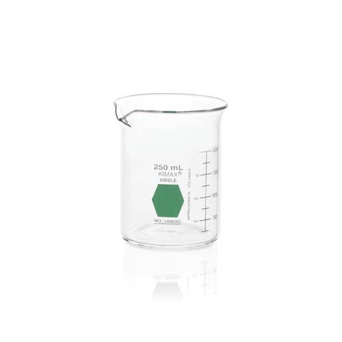 50287. VASO DE PRECIPITADO DE VIDRIO 250ML FORMA BAJA GRIFFIN DECORADO EN VERDE GRADUADO - KIMAX
