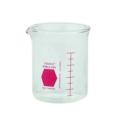 2020. VASO DE PRECIPITADO DE VIDRIO 250ML FORMA BAJA GRIFFIN DECORADO EN ROJO GRADUADO PAQUETE C/2 PIEZAS - KIMAX