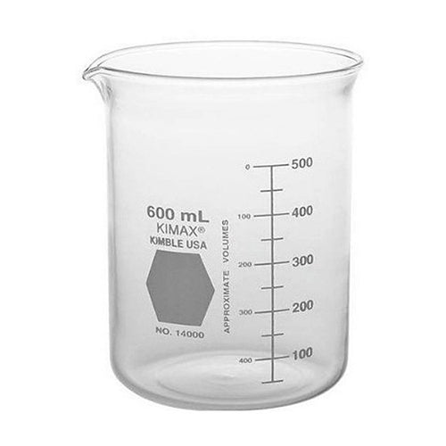 2999. VASO DE PRECIPITADO DE VIDRIO 600ML FORMA BAJA GRIFFIN DECORADO EN ROJO GRADUADO C/2 KIMAX