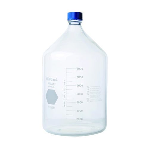 4896. FRASCO VIDRIO CLARO 10LT GL45 C/TAPA AZUL Y ANILLO DE POLIPROPILENO - KIMAX