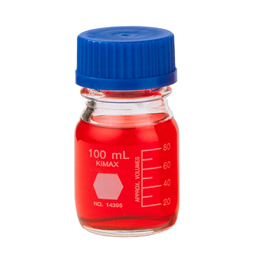 10848. FRASCO VIDRIO CLARO 100ML GL45 C/TAPA AZUL Y ANILLO DE POLIPROPILENO C/2 KIMAX