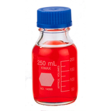 5647. FRASCO VIDRIO CLARO 250ML GL45 C/TAPA AZUL Y ANILLO DE POLIPROPILENO KIMAX