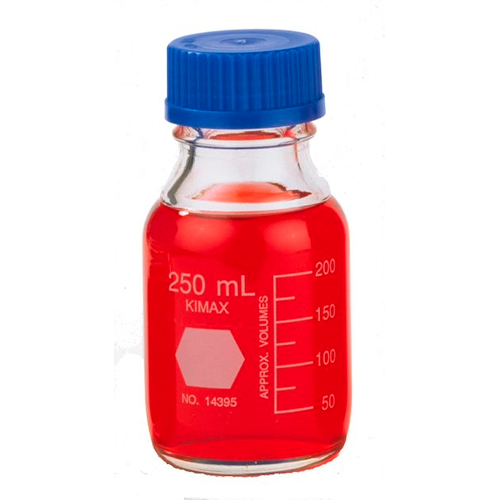 5647. FRASCO VIDRIO CLARO 250ML GL45 C/TAPA AZUL Y ANILLO DE POLIPROPILENO KIMAX