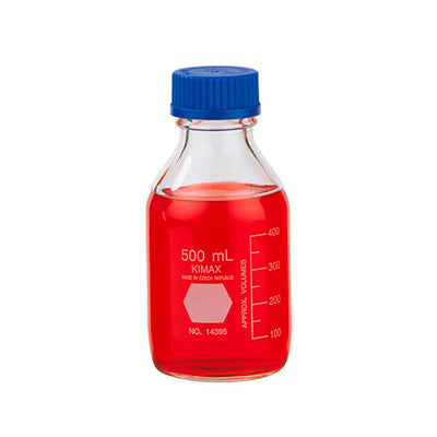 10849. FRASCO VIDRIO CLARO 500ML GL45 C/TAPA AZUL Y ANILLO DE POLIPROPILENO KIMAX