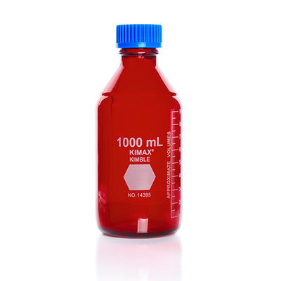 11555.FRASCO VIDRIO AMBAR 1LT GL45 RAY-SORB C/TAPA Y ANILLO POLIPROPILENO  - KIMAX