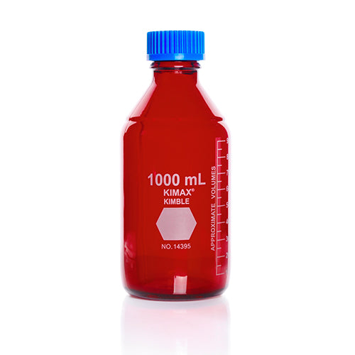 11555.FRASCO VIDRIO AMBAR 1LT GL45 RAY-SORB C/TAPA Y ANILLO POLIPROPILENO  - KIMAX