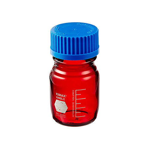 10852. FRASCO VIDRIO AMBAR 100ML GL45 RAY-SORB C/TAPA Y ANILLO POLIPROPILENO - KIMAX