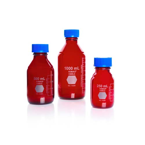 21581. FRASCO DE VIDRIO AMBAR 2LT GL45 RAY-SORB C/TAPA Y ANILLO DE POLIPROPILENO - KIMAX