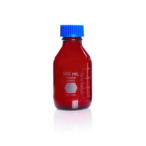 21573. FRASCO DE VIDRIO AMBAR 500ML GL45 RAY-SORB C/TAPA Y ANILLO DE POLIPROPILENO - KIMAX