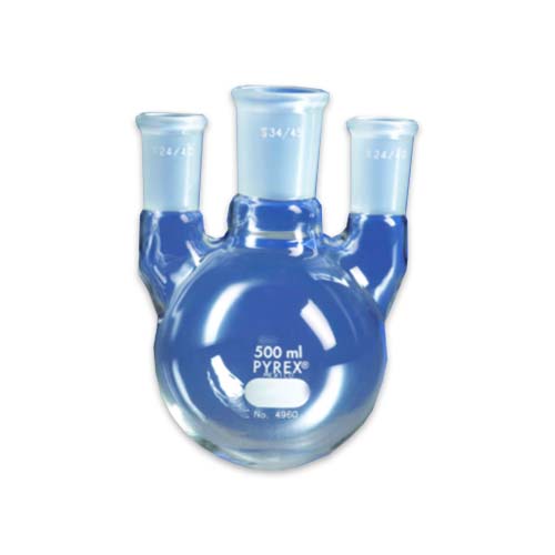 15200. MATRAZ DESTILACION DE VIDRIO 5LT, 3 BOCAS VERTICAL JUNTA CENTRAL 45/50 LATERALES 24/40 - PYREX