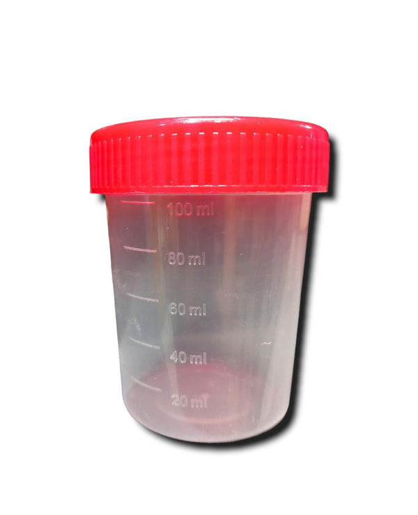 51548. VASO RECOLECTOR 100ML NO ESTERIL C/TAPA ROJA  C/80 PIEZAS - PLASTIC WORLD