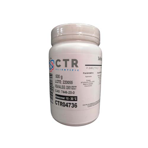 20213. SULFATO DE ZINC HEPTAHIDRATADO CRISTALES RA PLASTICO 500GR - CTR