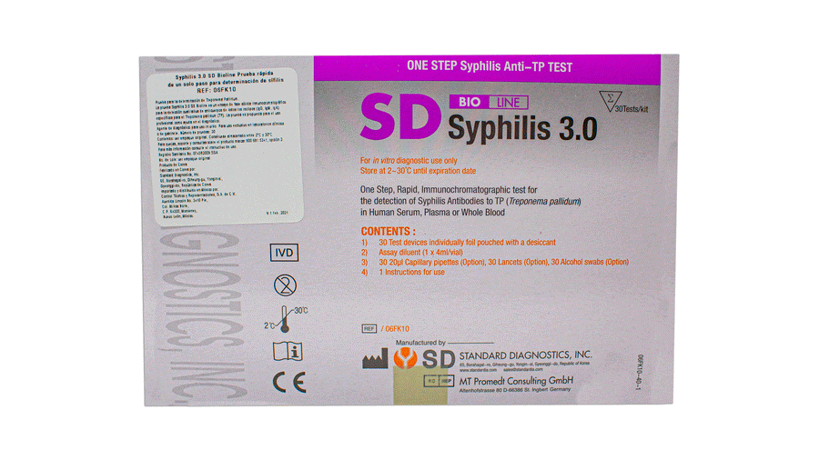 50499. KIT DE PRUEBA RAPIDA SIFILIS 3.0 AB REGISTRO SANITARIO 0743R2009 SSA BIOLINE