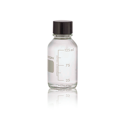 5855. FRASCO VIDRIO CLARO 125ML BOCA ANGOSTA GRADUADO C/TAPA FENOLICA C/LINER PTFE C/2 WHEATON