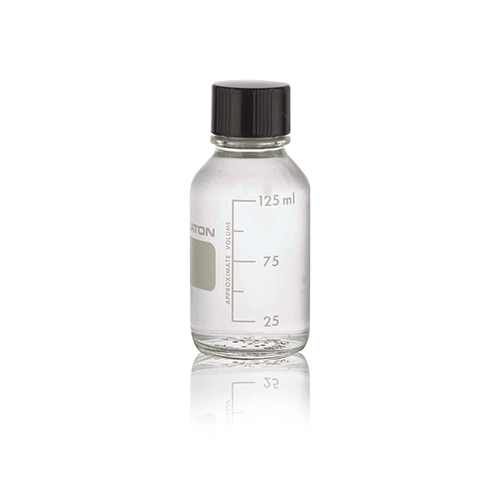 5855. FRASCO VIDRIO CLARO 125ML BOCA ANGOSTA GRADUADO C/TAPA FENOLICA C/LINER PTFE C/2 WHEATON