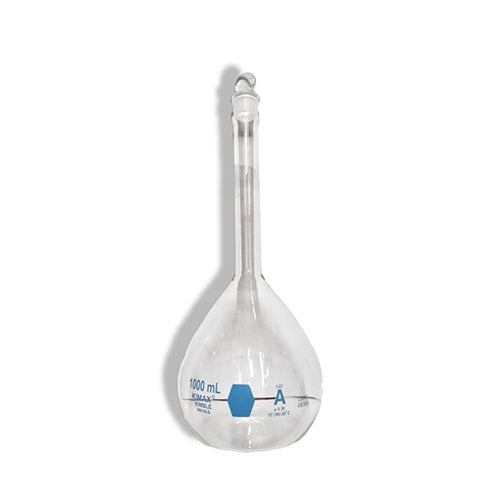 12716. MATRAZ VOLUMETRICO DE VIDRIO 1LT CLASE A CERTIFICADO LOTE, DECORADO AZUL C/TAPON DE VIDRIO - KIMAX