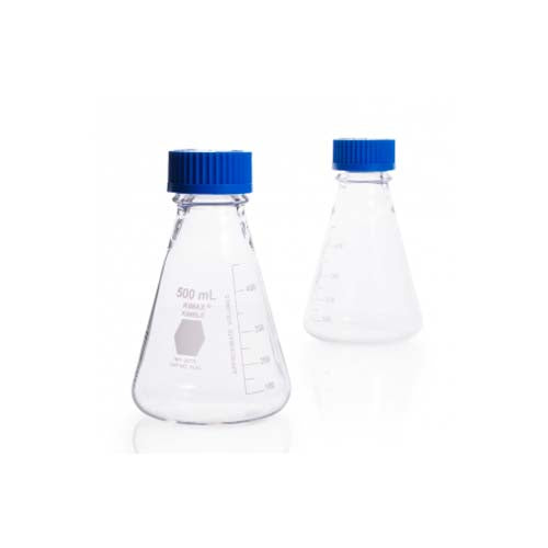 50372. MATRAZ ERLENMEYER DE VIDRIO 250ML BOCA ANCHA C/TAPON DE ROSCA AZUL GL45 - KIMAX
