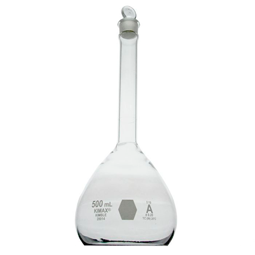 5653. MATRAZ VOLUMETRICO DE VIDRIO 500ML CLASE A C/TAPON DE VIDRIO - KIMAX