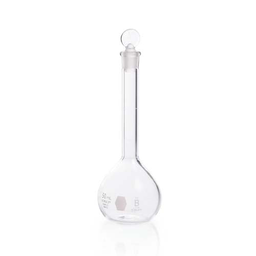 22595. MATRAZ VOLUMETRICO DE VIDRIO 50ML CLASE B C/TAPON DE VIDRIO PENNYHEAD KIMAX