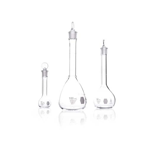 21578. MATRAZ VOLUMETRICO DE VIDRIO 25ML CLASE A CERTIFICADO INDIVIDUAL C/TAPON DE VIDRIO - KIMAX