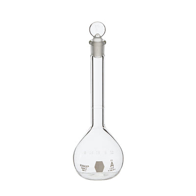 5756. MATRAZ VOLUMETRICO DE VIDRIO 50ML CLASE A CERTIFICADO INDIVIDUAL C/TAPON VIDRIO - KIMAX