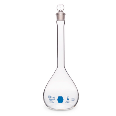 18312. MATRAZ VOLUMETRICO DE VIDRIO 10ML CLASE A CERTIFICADO LOTE, DECORADO AZUL C/TAPON DE VIDRIO - KIMAX