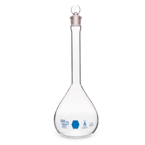 18312. MATRAZ VOLUMETRICO DE VIDRIO 10ML CLASE A CERTIFICADO LOTE, DECORADO AZUL C/TAPON DE VIDRIO - KIMAX
