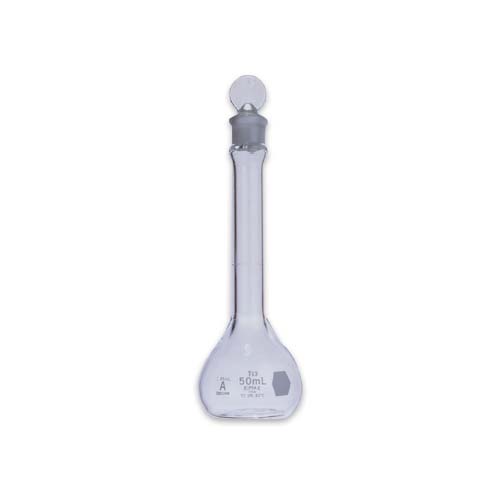 14211. MATRAZ VOLUMETRICO DE VIDRIO 50ML CLASE A CERTIFICADO LOTE, DECORADO AZUL C/TAPON DE VIDRIO - KIMAX