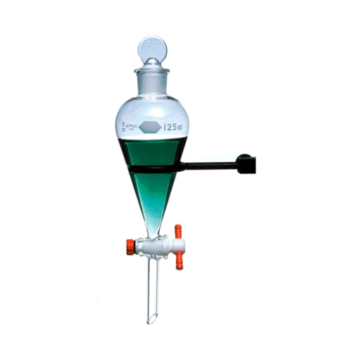 25265. EMBUDO DE VIDRIO 60ML FORMA PERA SQUIBB C/LLAVE DE PASO DE TEFLON Y TAPON DE VIDRIO KIMAX