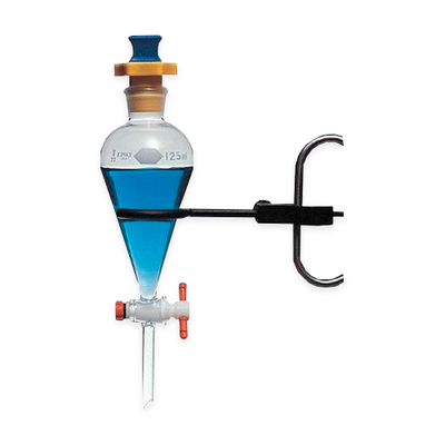 18064. EMBUDO DE SEPARACION SQUIBB DE VIDRIO 125ML FORMA PERA TAPON PLASTICO (PE) C/LLAVE PTFE - KIMAX