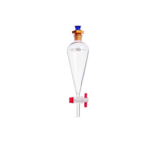 14218. EMBUDO DE SEPARACION SQUIBB DE VIDRIO 250ML FORMA PERA, TAPON PLASTICO (PE) C/LLAVE PTFE - KIMAX