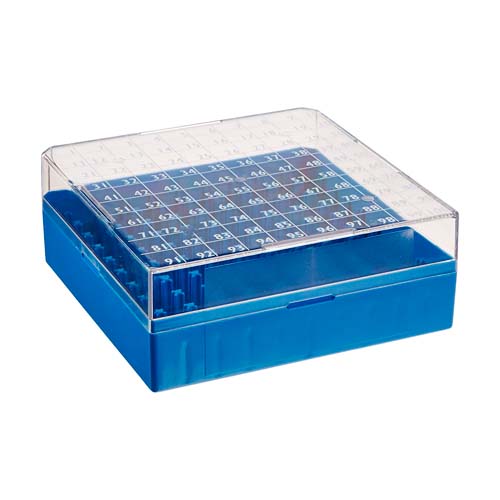 21244. CAJA DE ALMACENAMIENTO P/100 VIALES CRYOCLEAR 1 Y 2ML DE POLICARBONATO AZUL BIOBOX C/TAPA TRANSPARENTE PAQUETE C/5 PIEZAS - GLOBE SCIENTIFIC