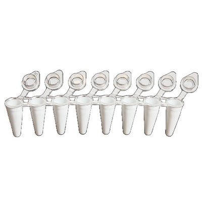 51579. MICROTUBOS PCR 0.1ML CLARO NO ESTERIL PERFIL BAJO C/TAPA PLANA EN TIRA C/8 PIEZAS, DE POLIPROPILENO COLOR BLANCO PAQUETE C/120 PIEZAS SSIBIO