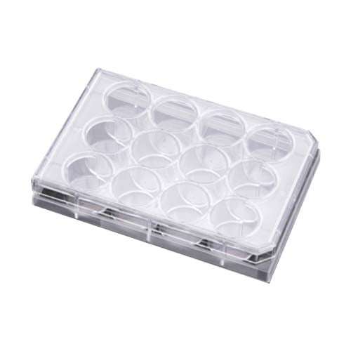 22397. PLACA 12 POZOS DE POLIESTIRENO TRATADA FONDO PLANO C/TAPA, ESTERIL P/CULTIVO CELULAR, EMPAQUE INDIVIDUAL PAQUETE C/5 PIEZAS FALCON