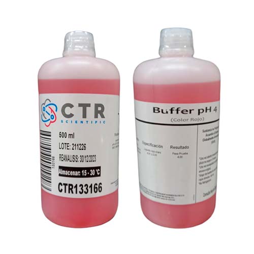 20200. SOLUCION BUFFER PH 4.01 +-0.01 ROJO PLASTICO 500ML PAQUETE C/2 PIEZAS - CTR