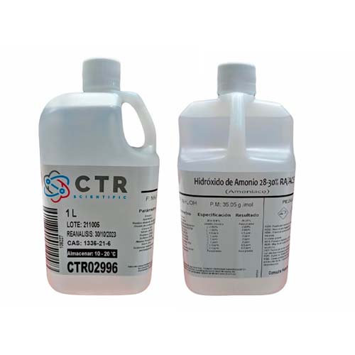 20153. HIDROXIDO DE AMONIO (AMONIACO) SOLN 28-30% RA ACS PLASTICO 1LT PAQUETE C/2 PIEZAS - CTR