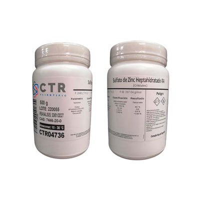 51848. SULFATO DE ZINC HEPTAHIDRATADO CRISTALES RA PLASTICO 500GR - CTR