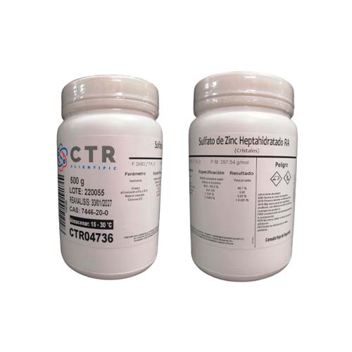 20213. SULFATO DE ZINC HEPTAHIDRATADO CRISTALES RA PLASTICO 500GR - CTR