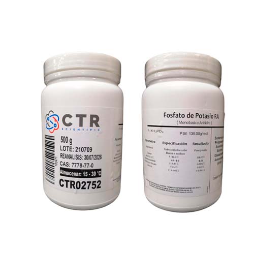 50947. FOSFATO DE POTASIO MONOBASICO ANHIDRO RA ACS PLASTICO 500GR - CTR